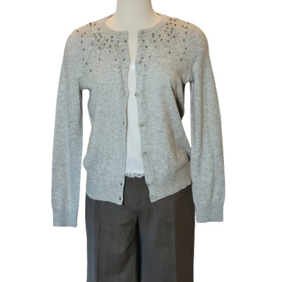 LOFT Women's Beaded Light Grey Long Sleeve Sweater Cardigan, Size L NWT - Picture 3 of 12